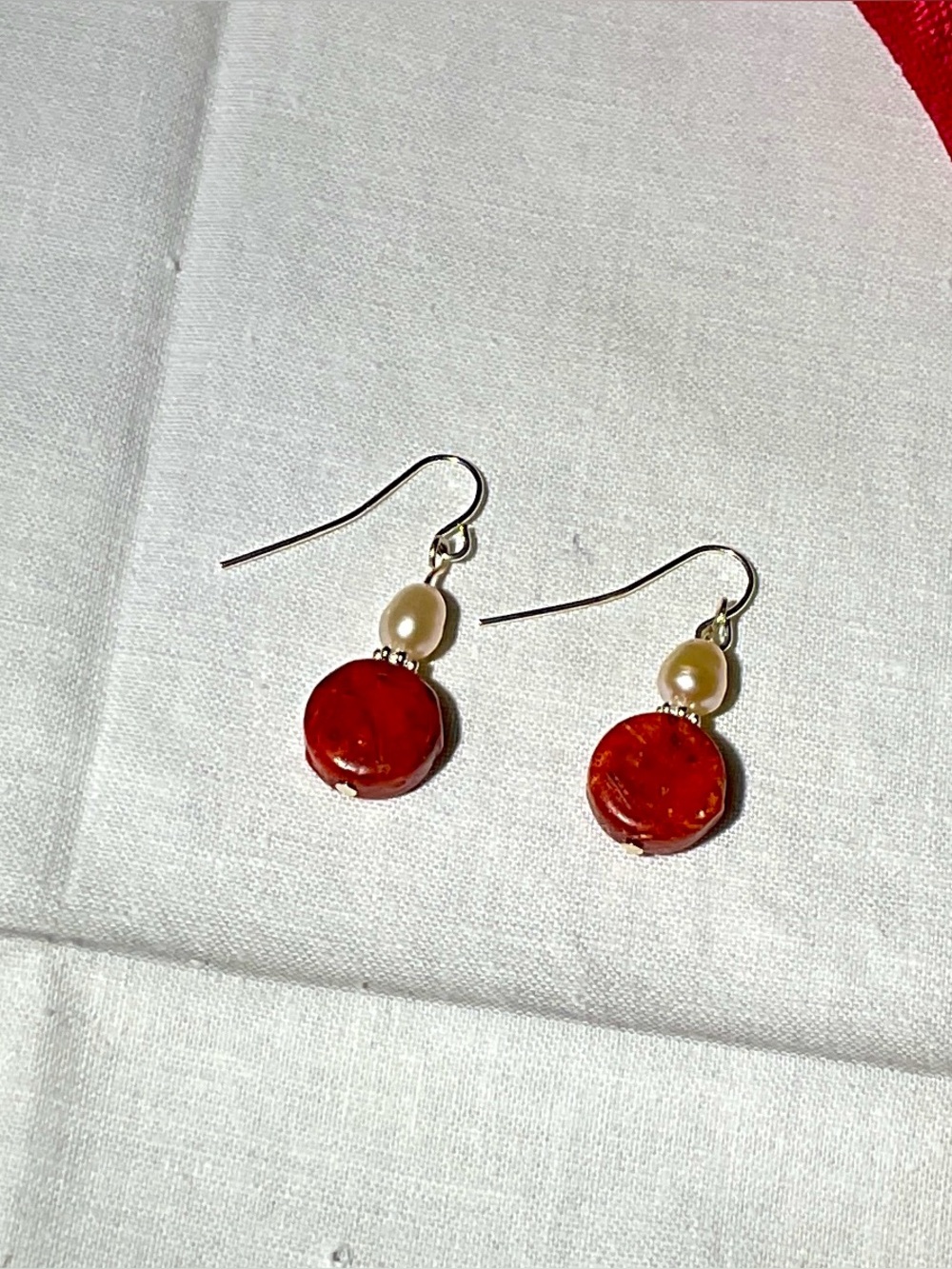 Red Bead & Pearl Drop Earrings - handmade by Hanna